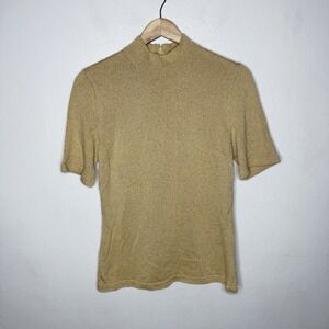 St John Basics Gold Short Sleeve Mock Neck Top Zip Back Women's Medium